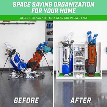 GoSports Premium Wooden Golf Bag Organizer and Storage Rack – Black, Brown, and White