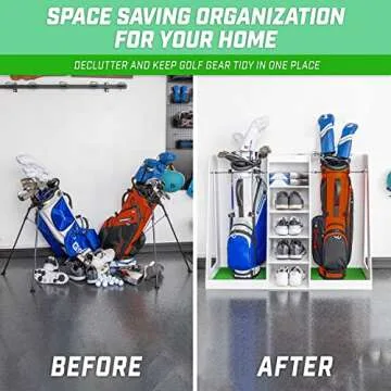 GoSports Premium Wooden Golf Bag Organizer and Storage Rack – Black, Brown, and White