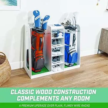 GoSports Premium Wooden Golf Bag Organizer and Storage Rack – Black, Brown, and White