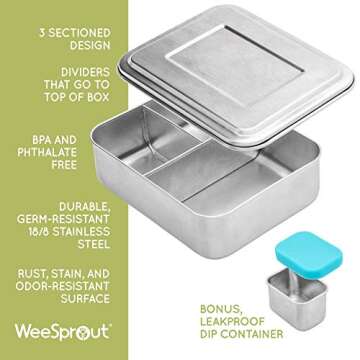 WeeSprout 18/8 Stainless Steel Bento Box (Compact Lunch Box) - 3 Compartment Metal Lunch Containers, for Kids & Adults, Bonus Dip Container, Fits in Lunch Bag & Backpack