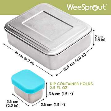 WeeSprout 18/8 Stainless Steel Bento Box (Compact Lunch Box) - 3 Compartment Metal Lunch Containers, for Kids & Adults, Bonus Dip Container, Fits in Lunch Bag & Backpack