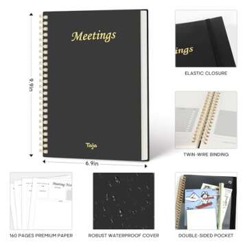 Meeting Notebook For Work Organization - Work Planner Notebook With Action Items, Agenda Planner For Note Taking, 160Pages (6.9" X 9.9") Project Planner For Men & Women - Black