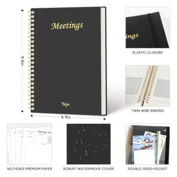 Meeting Notebook For Work Organization - Work Planner Notebook With Action Items, Agenda Planner For Note Taking, 160Pages (6.9" X 9.9") Project Planner For Men & Women - Black