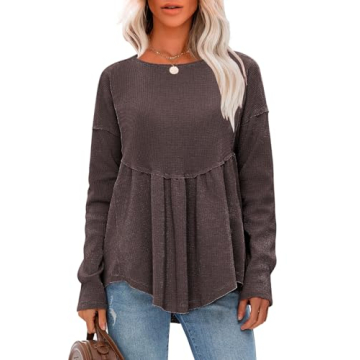 EXLURA Waffle Knit Long Sleeve Shirts for Womens Crewneck Loose Babydoll Tunic Tops Maternity Tops F...