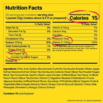 SUNMANC Kombucha 30 packets, Sparkling Probiotic Fermented Drink, Convenient Powdered Drink Mix, Tea Powder, Low Calories, Sugar 0g, Low Caffeine (Peach)