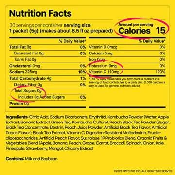 SUNMANC Kombucha 30 packets, Sparkling Probiotic Fermented Drink, Convenient Powdered Drink Mix, Tea Powder, Low Calories, Sugar 0g, Low Caffeine (Peach)