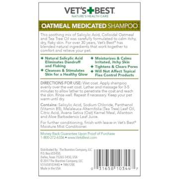 Vet's Best Medicated Oatmeal Shampoo for Dogs - Soothes Dog Dry Skin - Cleans, Moisturizes, and Conditions Skin and Coat - 16 Ounces