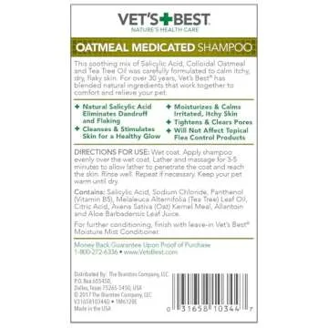 Vet's Best Medicated Oatmeal Shampoo for Dogs - Soothes Dog Dry Skin - Cleans, Moisturizes, and Conditions Skin and Coat - 16 Ounces