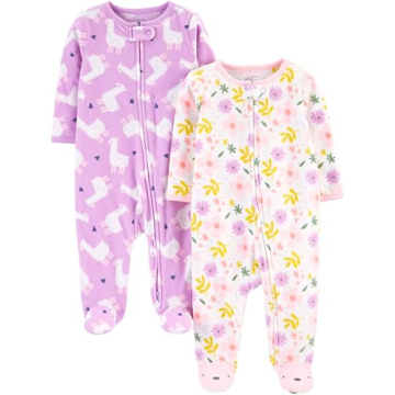 Simple Joys by Carter's Baby Girls' Fleece Footed Sleep and Play, Pack of 2, Purple Llama/White Flor...