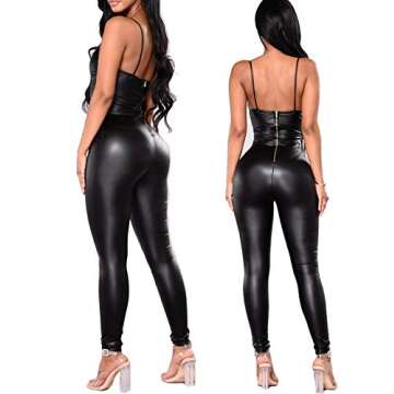 PICK YOUR LOOK Women's Sexy Faux Leather Jumpsuit, One Piece Back Zipper Bodycon