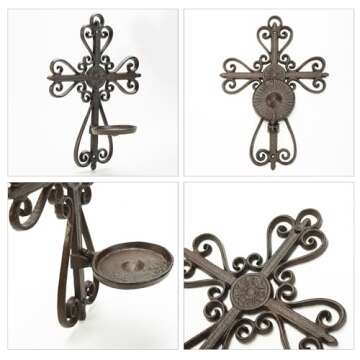 Sungmor Cast Iron Wall Candle Sconce, Decorative Wall Cross Candleholder Wall Mount Tealight Flameless Candle Stand, Wall Hanging Pillar Candle Holders Kitchen Dining Living Room Bedroom Patio Decor