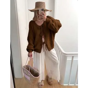 SKIKYAN Women Bowtie Oversized Knit Sweater Cardigan Y2K Long Sleeve V Neck Open Front Casual Knitwears(Brown-S)