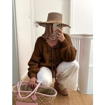 SKIKYAN Women Bowtie Oversized Knit Sweater Cardigan Y2K Long Sleeve V Neck Open Front Casual Knitwears(Brown-S)