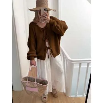 SKIKYAN Women Bowtie Oversized Knit Sweater Cardigan Y2K Long Sleeve V Neck Open Front Casual Knitwears(Brown-S)