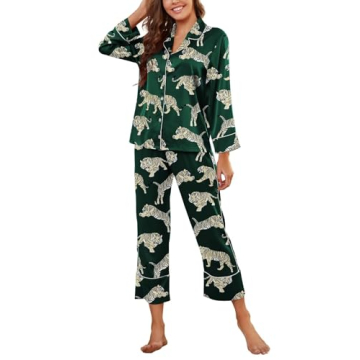 Brosloth Womens Satin Button Up Pajamas Long Sleeve Soft Silk Pajamas Sets Cute Tiger Print 2 Piece ...