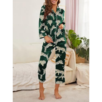 Brosloth Womens Satin Button Up Pajamas Long Sleeve Soft Silk Pajamas Sets Cute Tiger Print 2 Piece Loungewear Dark Green M
