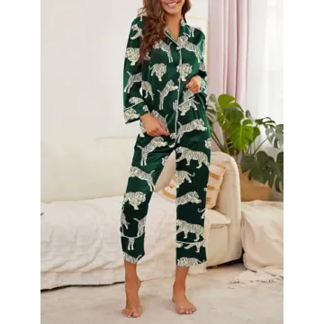 Brosloth Womens Satin Button Up Pajamas Long Sleeve Soft Silk Pajamas Sets Cute Tiger Print 2 Piece Loungewear Dark Green M