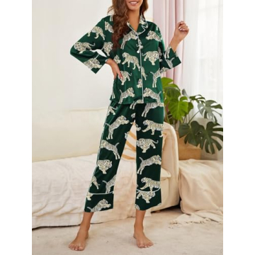 Brosloth Womens Satin Button Up Pajamas Long Sleeve Soft Silk Pajamas Sets Cute Tiger Print 2 Piece Loungewear Dark Green M