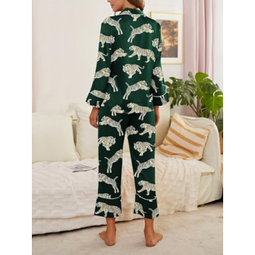 Brosloth Womens Satin Button Up Pajamas Long Sleeve Soft Silk Pajamas Sets Cute Tiger Print 2 Piece Loungewear Dark Green M