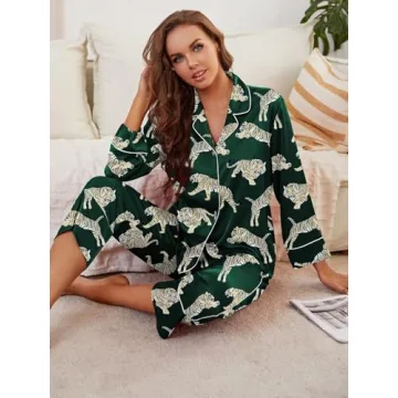 Brosloth Womens Satin Button Up Pajamas Long Sleeve Soft Silk Pajamas Sets Cute Tiger Print 2 Piece Loungewear Dark Green M