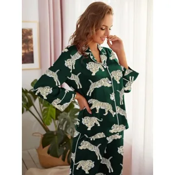 Brosloth Womens Satin Button Up Pajamas Long Sleeve Soft Silk Pajamas Sets Cute Tiger Print 2 Piece Loungewear Dark Green M