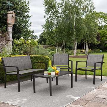 Devoko 4 Pieces Patio Furniture Set Outdoor Garden Patio Conversation Sets Poolside Lawn Chairs with Glass Coffee Table Porch Furniture (Grey)