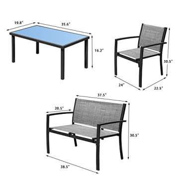Devoko 4 Pieces Patio Furniture Set Outdoor Garden Patio Conversation Sets Poolside Lawn Chairs with Glass Coffee Table Porch Furniture (Grey)