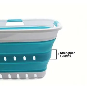 SAMMART 42L Collapsible Plastic Laundry Basket - Foldable Pop Up Storage Container/Organizer - Space Saving Hamper/Basket (1, White/Bright Blue)