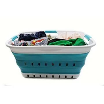 SAMMART 42L Collapsible Plastic Laundry Basket - Foldable Pop Up Storage Container/Organizer - Space Saving Hamper/Basket (1, White/Bright Blue)
