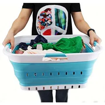 SAMMART 42L Collapsible Plastic Laundry Basket - Foldable Pop Up Storage Container/Organizer - Space Saving Hamper/Basket (1, White/Bright Blue)