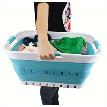 SAMMART 42L Collapsible Plastic Laundry Basket - Foldable Pop Up Storage Container/Organizer - Space Saving Hamper/Basket (1, White/Bright Blue)