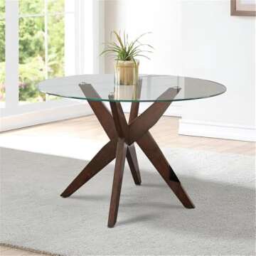 Steve Silver Amalie 48" Round Modern Dining Table with Tempered Glass Top & Solid Rubberwood Base, A...
