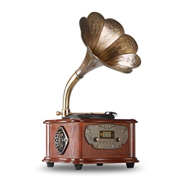 LuguLake Retro Turntable with Copper Horn & Speaker