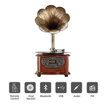LuguLake Retro Turntable with Copper Horn & Speaker