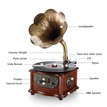 LuguLake Retro Turntable with Copper Horn & Speaker