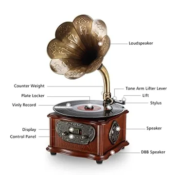 LuguLake Retro Turntable with Copper Horn & Speaker