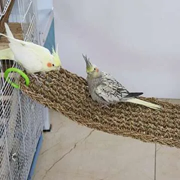 39 x 7 Inches Bird Seagrass Mat, Natural Seagrass Woven Net, Bird Hammock Mat with Hooks, Bird Cage Accessories, Climbing Rope Ladder Chew Toys for Cockatiel Hamster Guinea Pig Rats Hamster Parakeet