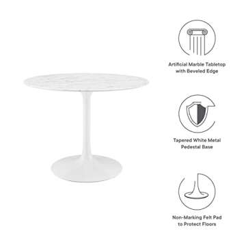 Modway Lippa 40" Mid-Century Dining Table with Round Artificial Marble Top in White