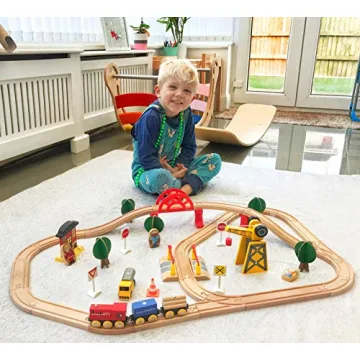 Crane Train Set for 3+ Kids - 55 Piece Wooden Toy