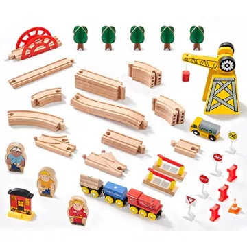 Crane Train Set for 3+ Kids - 55 Piece Wooden Toy