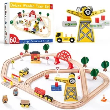 Crane Train Set for 3+ Kids - 55 Piece Wooden Toy