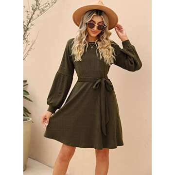 SHERRYRISE Women's Long Sleeve Crew Neck Ribbed Knit High Waist Sweater Dress with Pockets, Army Green, S