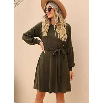SHERRYRISE Women's Long Sleeve Crew Neck Ribbed Knit High Waist Sweater Dress with Pockets, Army Green, S