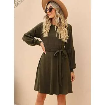 SHERRYRISE Women's Long Sleeve Crew Neck Ribbed Knit High Waist Sweater Dress with Pockets, Army Green, S