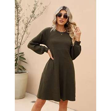 SHERRYRISE Women's Long Sleeve Crew Neck Ribbed Knit High Waist Sweater Dress with Pockets, Army Green, S