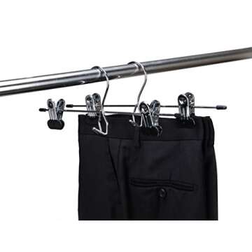 6 Quality Pants Hangers Heavy Duty Add-on Skirt/Slack Metal Hanger, Extra Wide Adjustable Clips, Multi Stackable Add on Hangers, Chrome, Jeans, Bottoms, Set of 6