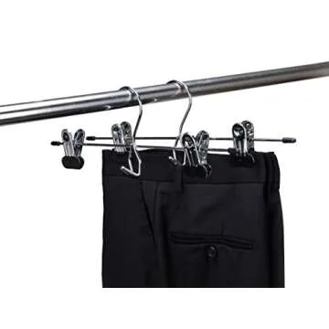 6 Quality Pants Hangers Heavy Duty Add-on Skirt/Slack Metal Hanger, Extra Wide Adjustable Clips, Multi Stackable Add on Hangers, Chrome, Jeans, Bottoms, Set of 6