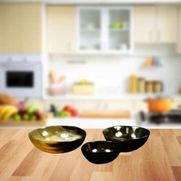 Scissors Art Set of 3 Horn Bowls Hand Crafted Large/medium/Small Serving Natural Buffalo Horn Bowls gift for mother,sister, girlfriend, relatives, christmas gift-– Polished Finish