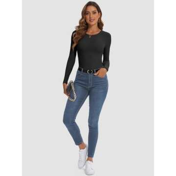 ATHMILE Womens Long Sleeve Crewneck Ribbed Tops Fitted Stretch Casual Basic T Shirts 2025 Black