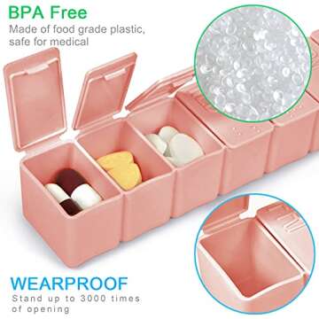 Pill Organizer-Pill Boxes for Travel, 7 Day with Braille Pill case Vitamins Fish Oil Supplements, Medication Organizer Dispenser for Fish Oils, Vitamin Holder Supplement (Pink)